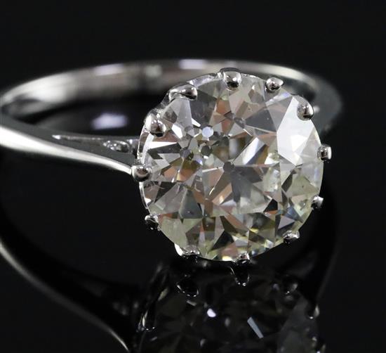 A platinum and solitaire diamond ring, the round cut stone weighing 4.40cts, size Q.